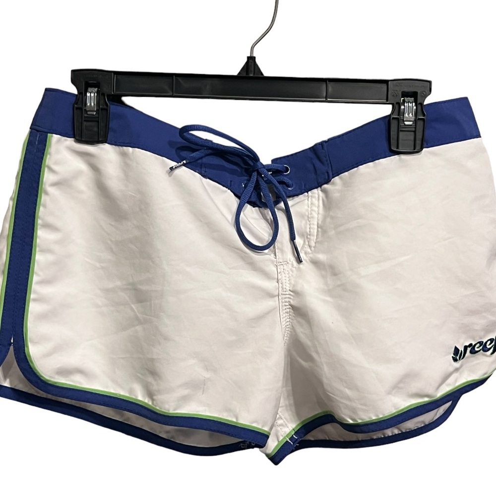 Reef white waterproof shorts with purple and green accents